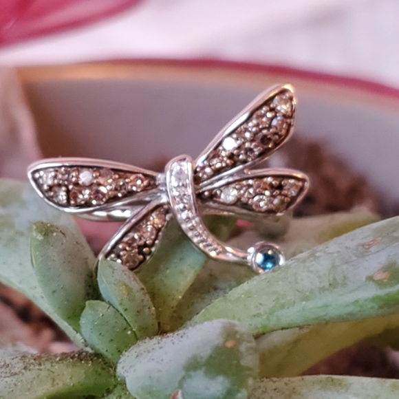 Diamond and Blue Topaz Sterling Silver Dragonfly Ring Size 7 - Picture 2 of 15
